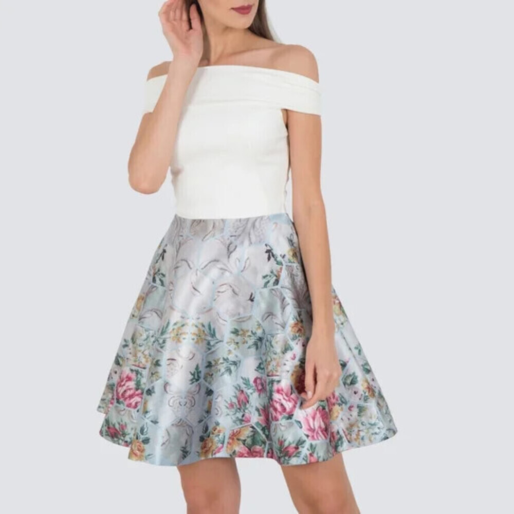 Ted Baker Women's Off Shoulder Fit Flare Dress Blossom Floral Print Size 1 XS